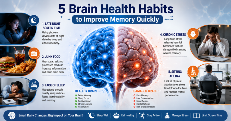 Illustration showing five daily habits that may affect brain health and memory