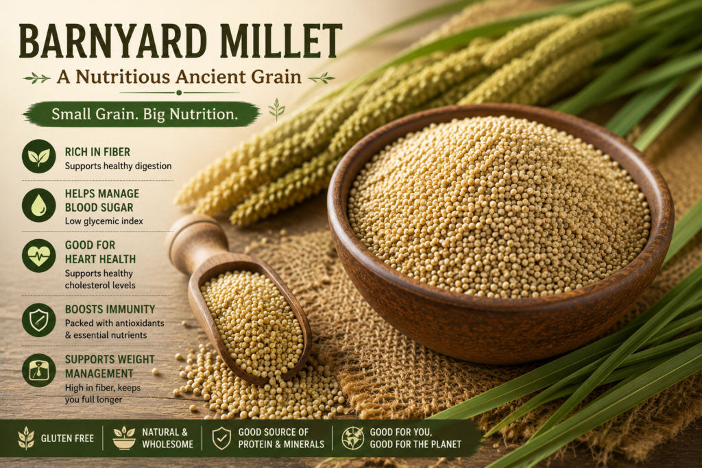Barnyard millet grains in a wooden bowl with fresh millet stalks, a high-fiber gluten-free ancient grain that supports blood sugar control, digestion, heart health, and weight management.