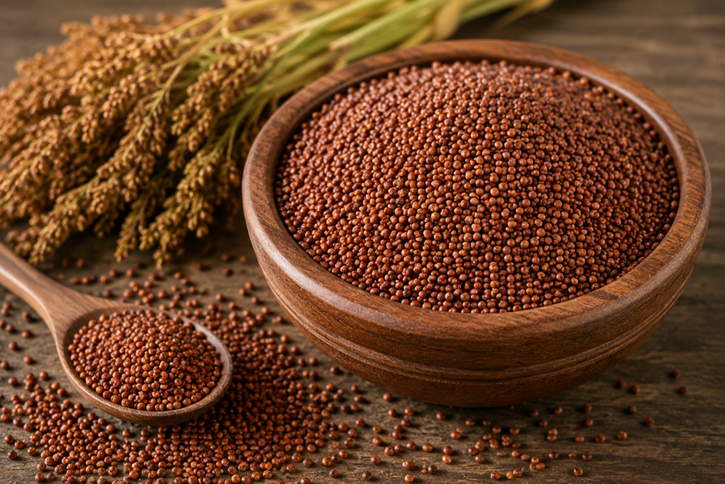 Finger millet (Ragi) grains in a wooden bowl with fresh millet stalks, showcasing a nutritious gluten-free grain rich in calcium, fiber, and antioxidants.