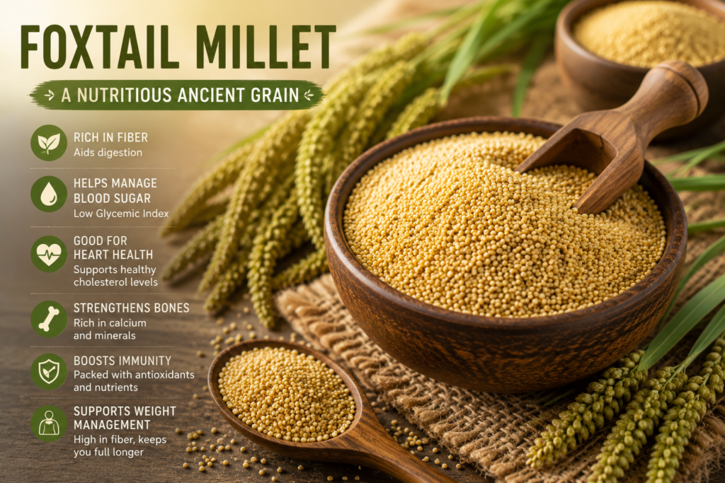 Foxtail millet grains in a wooden bowl with fresh millet stalks, a fiber-rich ancient grain known for supporting blood sugar control, heart health, and weight management.