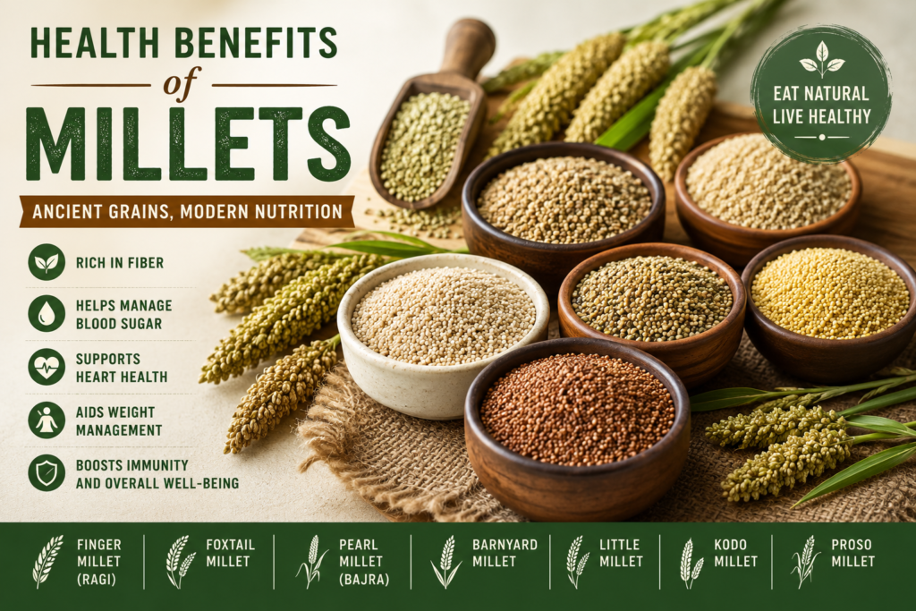 Bowls of different millet grains including finger millet, foxtail millet, pearl millet, barnyard millet, little millet, kodo millet, and proso millet showcasing the health benefits of millets.