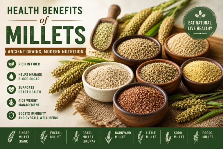 Bowls of different millet grains including finger millet, foxtail millet, pearl millet, barnyard millet, little millet, kodo millet, and proso millet showcasing the health benefits of millets.