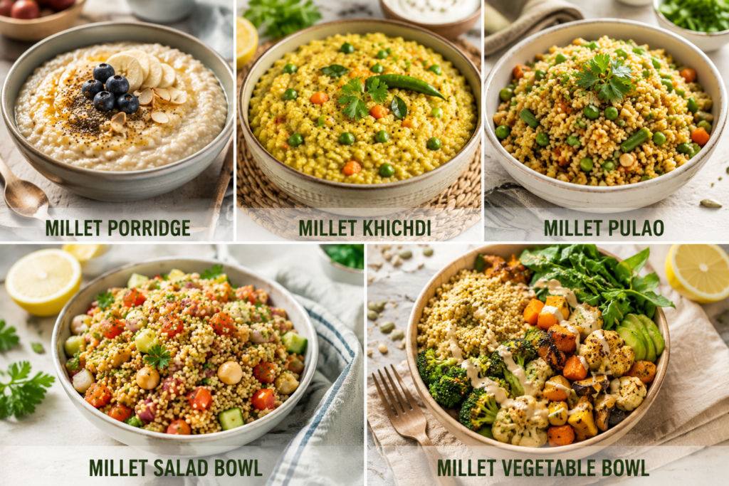 Healthy millet recipes including millet porridge, millet khichdi, millet pulao, millet salad bowl, and millet vegetable bowl served in rustic bowls for a nutritious balanced diet.