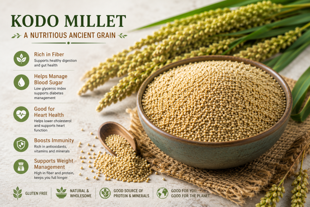 Kodo millet grains in a ceramic bowl with fresh millet stalks, a gluten-free ancient grain rich in fiber, antioxidants, and essential minerals that supports digestion, heart health, and blood sugar management.