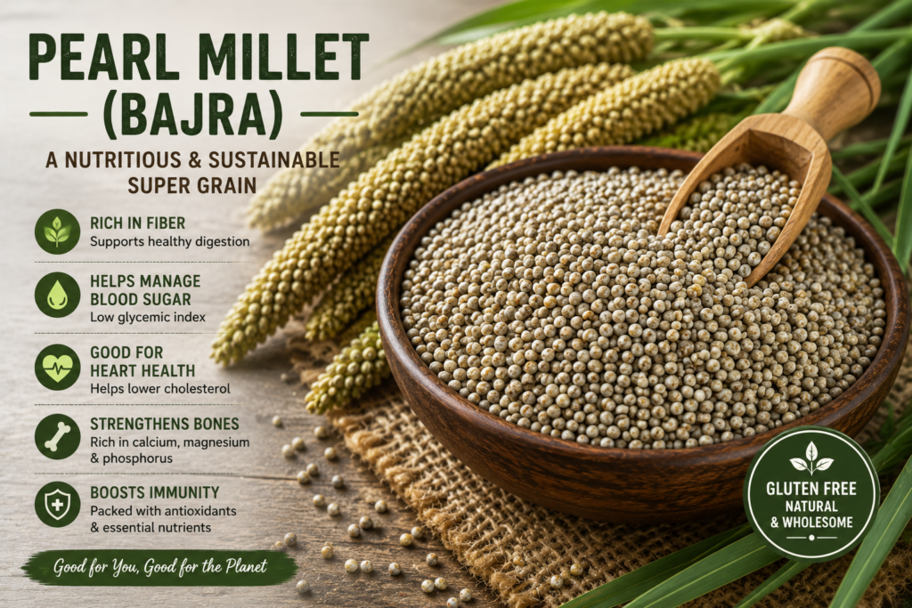 Pearl millet (Bajra) grains in a wooden bowl with fresh millet stalks, a nutritious whole grain rich in fiber, iron, magnesium, and antioxidants for better health.