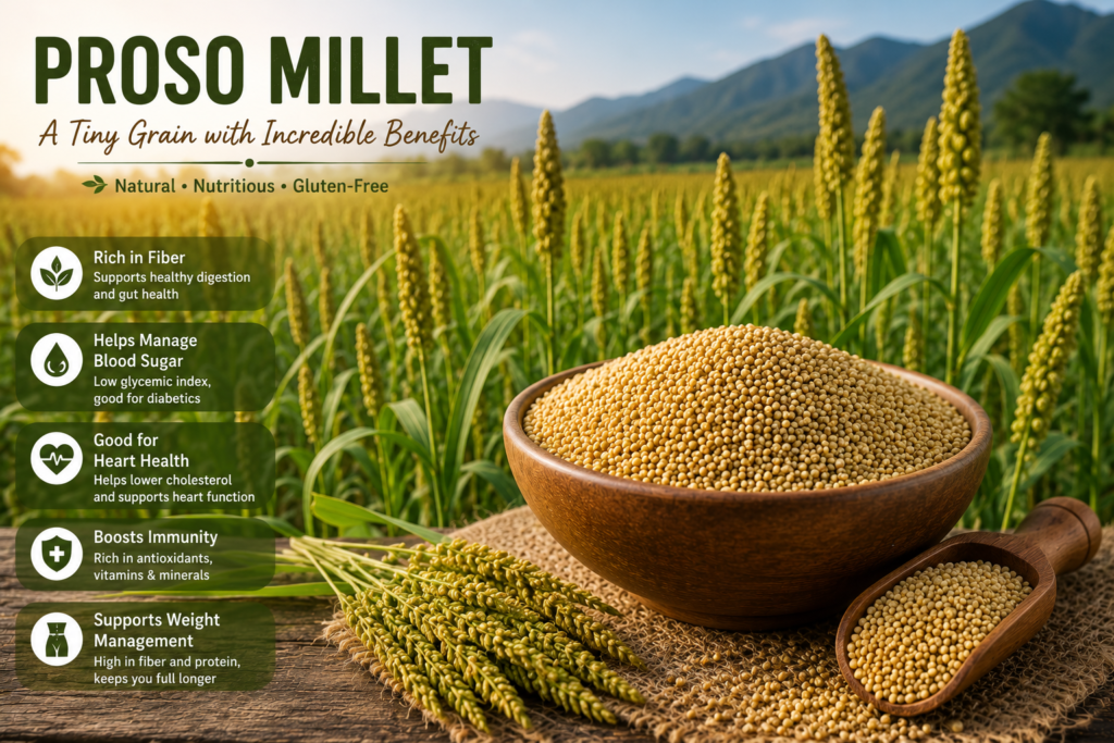 Proso millet grains in a wooden bowl with a lush millet field in the background, showcasing a gluten-free ancient grain rich in fiber, protein, and essential nutrients for healthy living.